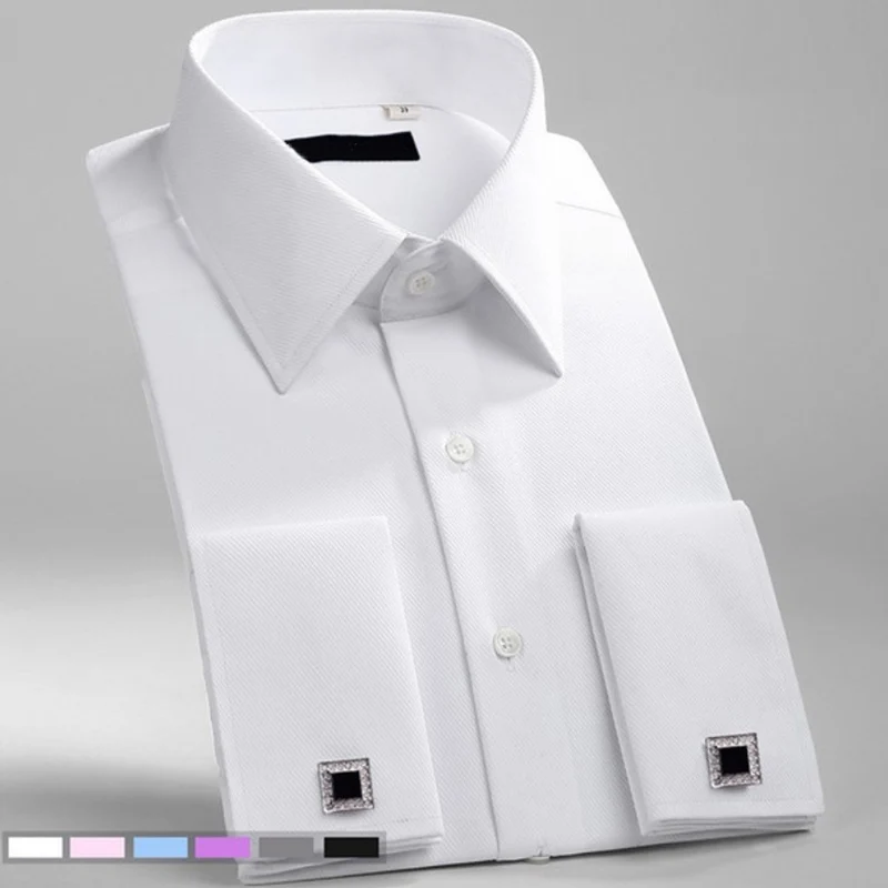M~6XL Mens French Cuff Dress Shirt 2024 New White Long Sleeve Formal Business Buttons Shirts Regular Fit Cufflinks Wedding Shirt