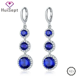 HuiSept Earrings Silver 925 Jewelry Round Shape Sapphire Zircon Gemstones Drop Earrings for Women Wedding Ornaments Wholesale