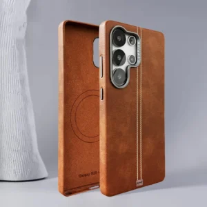 Vintage Pu Leather Magnetic Phone Case for Samsung Galaxy S25 Ultra S24 S23 Metal Lens Frame Wireless Charging Shockproof Cover