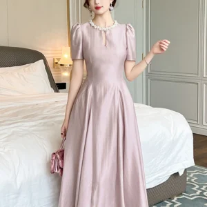 Summer Fashion Elegant Solid Vacation Evening Dress Women Clothes Pearl Hollow O-Neck Slim Midi Robe Party Prom Vestidos Fiesta
