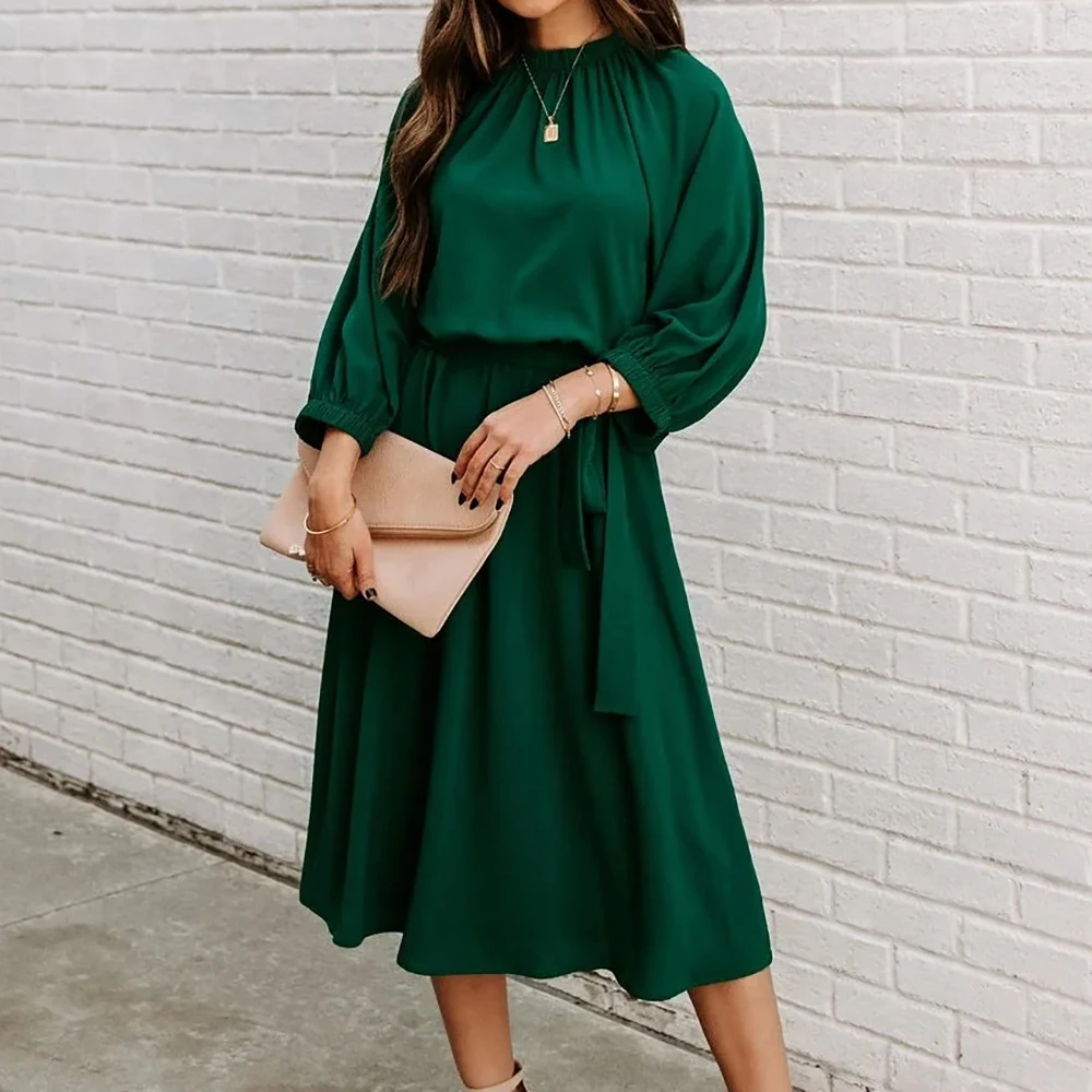 Summer Green Full Sleeve Plain Maxi Dress Blouson Dress Skater Dress Solid Lantern Round Neck Medium Stretch Belted Midi Dress