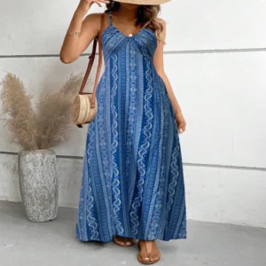 Sexy Wrap V-Neck Long Dress Polyester No-Sleeve High-Waist Printed Summer 2025 TikTok Trendy Split Strapless Gown