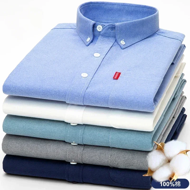 100% Pure Cotton Men's Solid Color Long Sleeve Shirt Youth Casual Cotton Oxford Spun Large Size Shirt Men's
