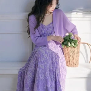 Elegant Purple Floral Print Wrap Dress Women's Spring Autumn Casual A-Line Skirt Style Soft Fabric Comfortable Fit Dress