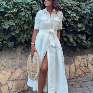 HH Women Fashion Lapel Short Sleeve Pocket Single-Breasted Belt Decorate Midi Dress Female Summer Elegant Slim Pleated Dress