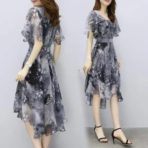 Women floral Chiffon Flower Dress 2025 trends new in Ladies Elegant V Neck short Sleeve korean style Summer Dress Female Clothes