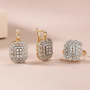 Square hollow inlaid zircon earrings ring set copper plated 14K gold luxury fashion jewelry banquet wedding Christmas gift