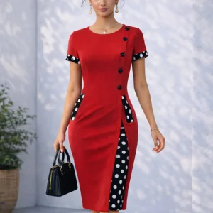 Womens Elegant Short Sleeve Button Work Knee Length Colorblock Business Casual Party Pencil Bodycon Sheath Polka Dot Retro Dress