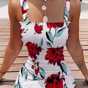 Summer Sexy Bodycon Package Hips Wrap Dress Women Casual Sleeveless Lace-up Fashion Floral Mini Dress Woman Skinny Sundress