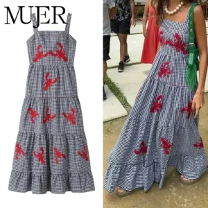 MUJER Plaid Slip Long Dress Woman Embroidery Ruffle Summer Dresses 2025 Sleeveless Beach Holiday Dress Women Casual Midi Dresses