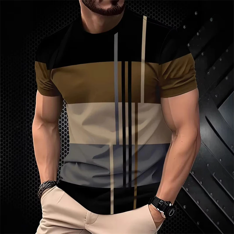 Fashion Simple Wide Stripes T Shirts For Men Summer Casual 3D Printed Contrasting Colors polyester T-shirts StreetwearTops Tees