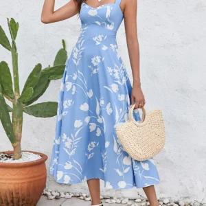 NewAsia Women's Print Sleeveless V-neck Midi Dress Backless Double Layer Summer Casual Holiday Party Long Dresses Blue