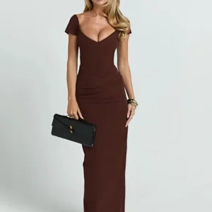 Mozision V Neck Short Sleeve Sexy Maxi Dress Women Elegant Off-shoulder Backless Back Split Bodycon Club Party Long Dress