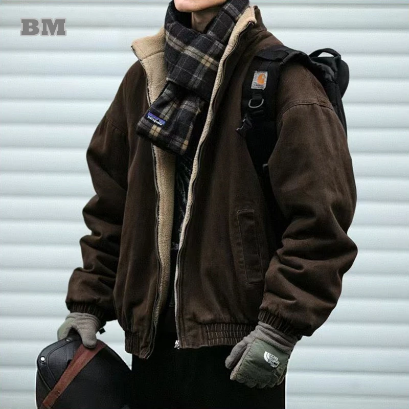 Japanese Vintage Polar Fleece Jacket Men Winter  Thick Jacket Korean Streetwear Loose Couple Trendy Warm Coat Male