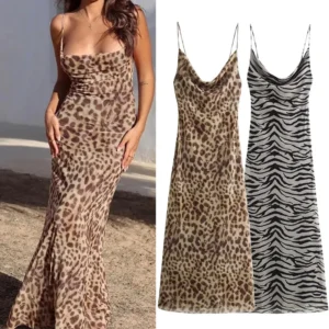 MUJER Leopard Print Tulle Slip Dress Woman Backless Summer Long Dresses For Women Vintage Sexy Party Dresses Midi Holiday Dress