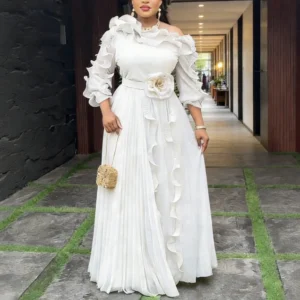 African Women A Line Chiffon Dress One Shoulder Puff Sleeve Pleated Ruffles Layered 3D Flower Wedding Guest Occasion Event New