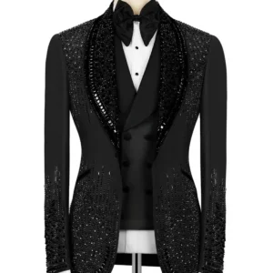 Luxury Costume Men Suit 2 Piece Sets Rhinestones Crystals Shawl Lapel Custom Wedding Slim Fit Tuxedos Blazer For Groom