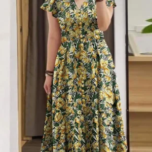 ZANZEA Elegant Women Floral Print Midi Dress Summer 2025 Casual Ruffles Short Sleeve V Neck Vestidos Fashion Cinched Waist Robes