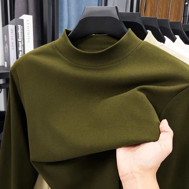 2025 New Men's Casual Solid Color High Collar Velvet Long Sleeve T-shirt Spring and Autumn Versatile Comfortable Top