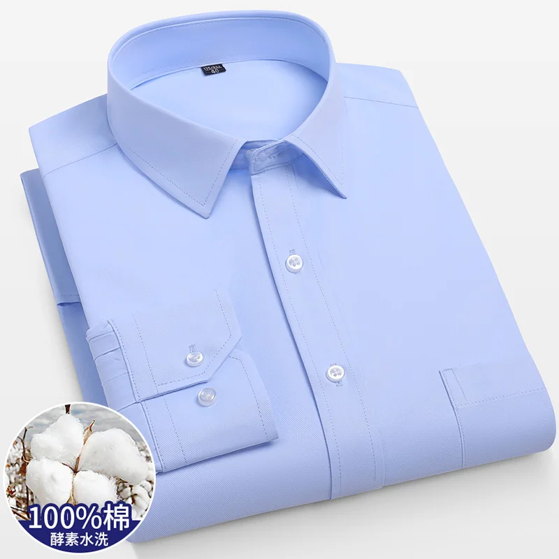 2025 New  100% Cotton Men Dress Long Sleeve Shirt Solid Male Regular Fit Stripe Business Social Shirt White S-8XL