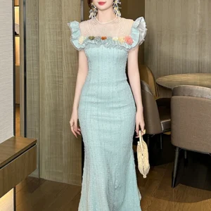 Luxury Elegant Ball Dress Women Delicate French Pearl Beading Flowers Ruffles Fishtail Robe Birthday Party Banquet Vestido Mujer