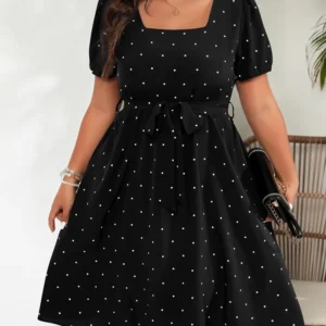GIBSIE Plus Size Square Neck Polka Dot Belted Dress Women's Elegant Retro Puff Sleeve High Waist Summer A-line Big Swing Dresses