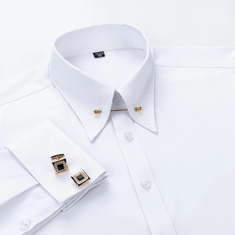 Embroidered French Cufflinks Men's Long-Sleeve Shirt with Collar Pins, Big Collar Dress Shirt for Business Formal Wear, Gentlema