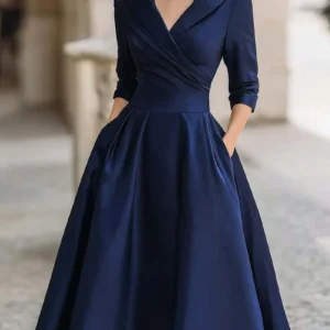 Fashionable commuting lapel cross pleated waist A-shaped dress for women