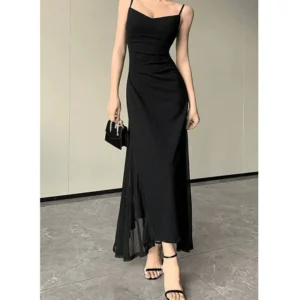 Korean V-Neck Spaghetti Strap Dress for Women Sexy Backless Waist-Tight Party Dresses Woman Elegant Black Sheer Midi Dress New