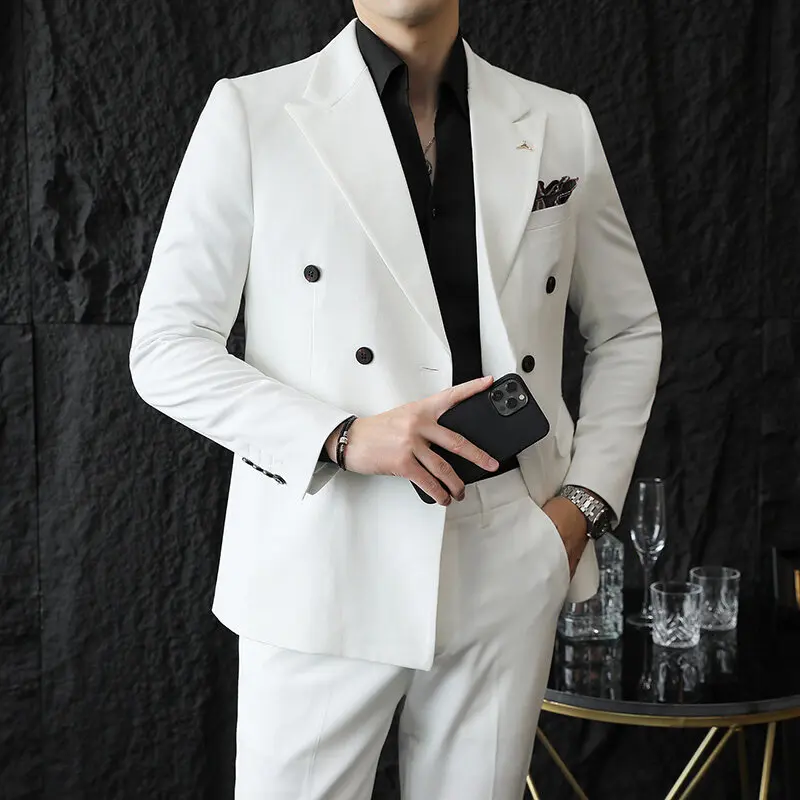 ( Blazers + Pants ) Boutique Fashion Solid Color Double-breasted Men's Casual Business Slim Suit 2-piece Set Groom Wedding Dress