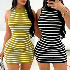 Sleeveless Mock Neck Mustard Yellow Mini Dress Women's Striped Sundress Stretchy Ribbed Knit Bodycon Casual Summer Party Dress