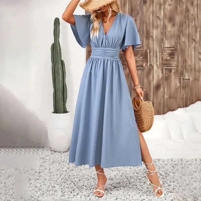 Women Ruffle Solid Pleated Long Dress Chic V Neck Short Sleeved Black Blue Lace Up Robes Summer Lady High Street Wear Holiday