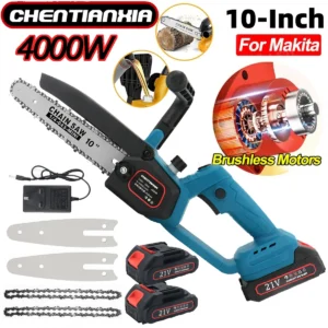 10inch 4000W Mini Cordless Chainsaw Electric One-Hand Saw Wood Cutter 2 Batteries for Trimming Tree Branches, Wood Cutting