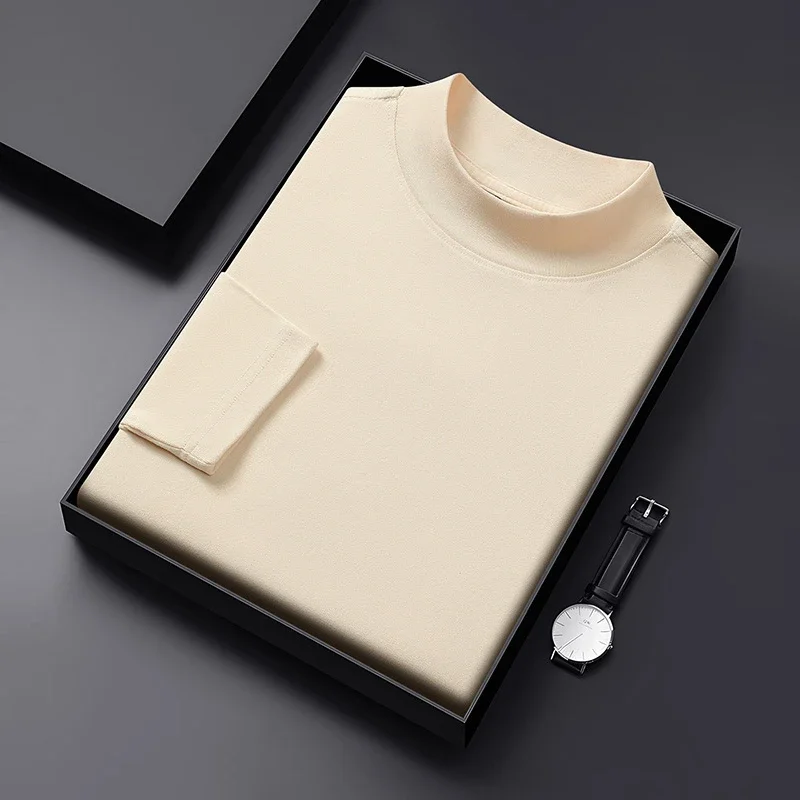 2025 New Men's Casual Solid Color High Collar Velvet Long Sleeve T-shirt Spring and Autumn Versatile Comfortable Top