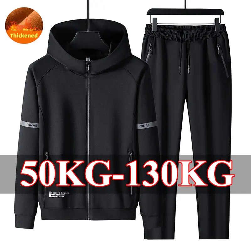 2pcs Thicker Fleece Jacket Pants for Men Plus Size Autumn Winter Sets Black Blue Hoodies Casual Hooded Warm Sweatshirts Trousers