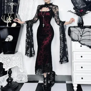 Gothic Sexy Long Fishtail Dress for Women Robe New Spaghetti Strap Sleeveless Backless Ruched Vintage Maxi Dress Vestidos