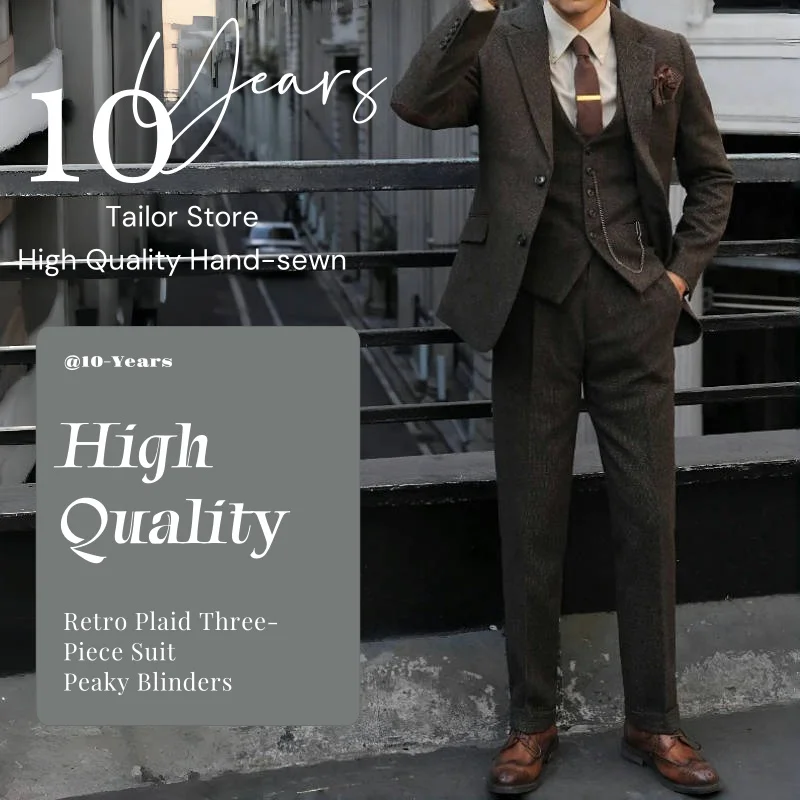 Peaky Blinders Men's 3-Piece Suit Vintage Plaid Wool Autumn/Winter Heavyweight New Style Jacket+Vest+Pants Slim Fit Formal Suit