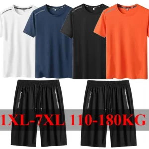 Plus Size Summer T-shirt Shorts Set for Men 1XL-7XL Short Sleeve Tees Shorts Casual Beach Sport Tops Man Clothing Suit 110-180KG
