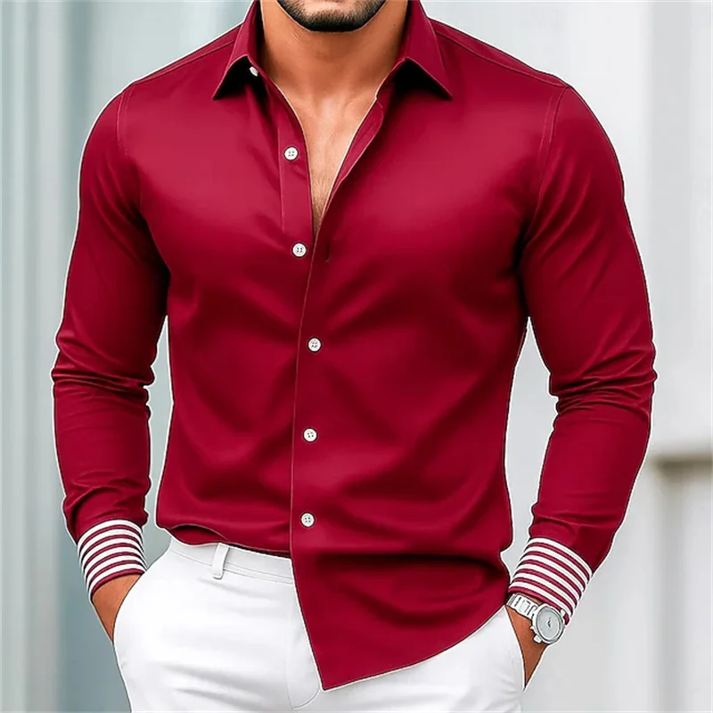 2026 New Men's Casual Prom Solid Color Shirt Formal Wedding Long Sleeve Lapel Shirt Black Wine Red Navy Blue Royal Blue