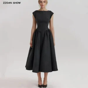 2024 Sexy Slash Collar Short Sleeve Low Waist Midi Dress Women Hollow Out Back Backless Pleated Swing A-line Party Robe Black