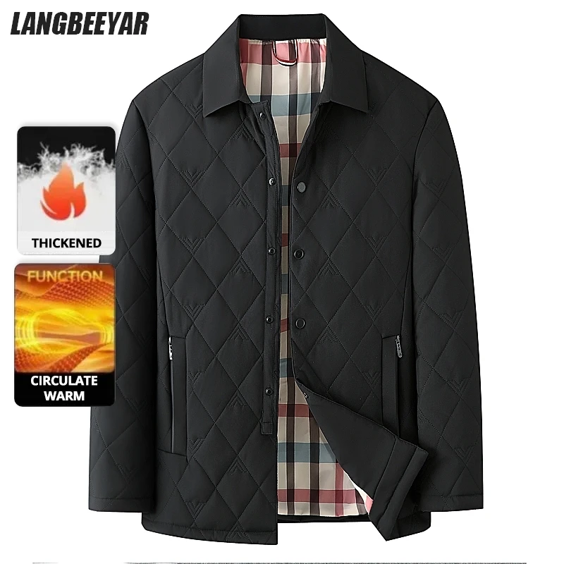 Top Grade Men Parka Jacket Windbreaker Coats Diamond Quilted Bubble Coat Middle-aged Winter Warmth Turn-Down Collar Coat