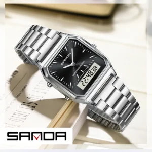 SANDA 747Classic Retro Men's and Women's Watch with Three Ground Time Dual Display Night Light Waterproof Business Quartz Watch