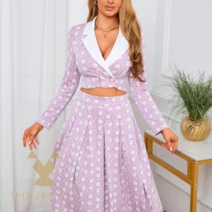 2026 Spring New Women's Blazer Two Piece Set Floral Print Crop Top + High Waist Pleated Midi Skirt Office Date Outfit