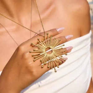 Uworld Ocean Vacation Style 18K Gold Color Plated Stainless Steel Sun Hollow Pendant Necklace Women's Accessories Party Gift