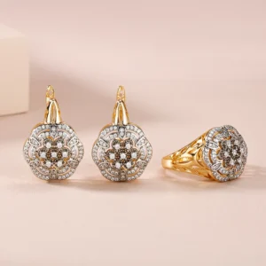 Hollow floral design inlaid zircon earrings set ring copper plated 14K gold fashion jewelry wedding banquet gift accessories