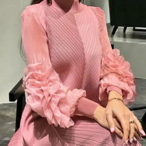 Women Elegant Evening Party Dresses 2025 Summer New Solid Colour Classic Long Sleeve Plate Flower Design Prom Dresses Female