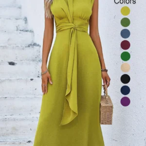 Women's Solid Color A-Line Dress Sleeveless Front Thin Straps Elegant Belted Midi Dress for Summer