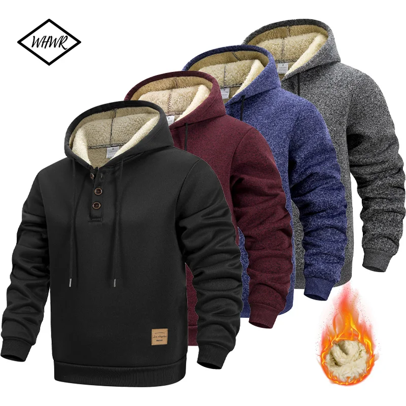 Men's Half Button Hoodie Thicken Winter Hooded Sweatshirts Retro Warm Fleece Knit Sweater Outdoor Running Sports Casual Pullover