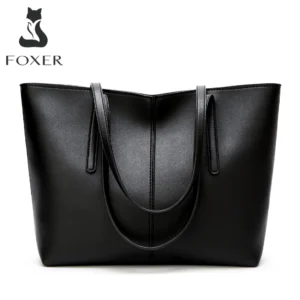 FOXER Split Leather Shoulder Bag for Women Simple Large Capacity Tote Lady Classic Black Handbag Gift for Wife, Lover
