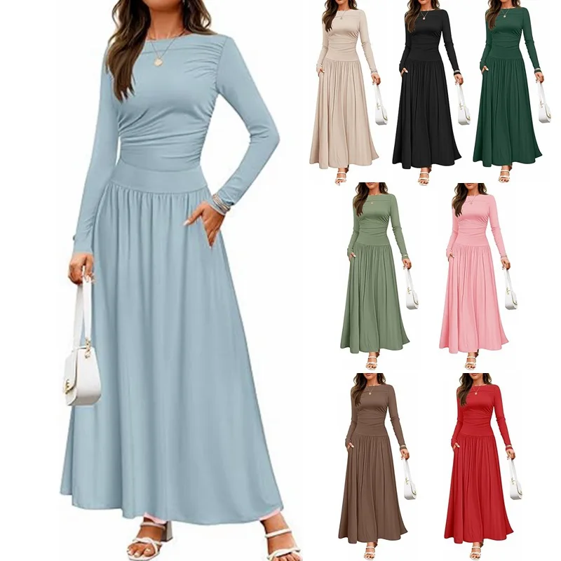 Autumn s Women Long Sleeve Maxi Dress Comfortable Fit Ruched Detail Multi Color for Casual Everyday Wear